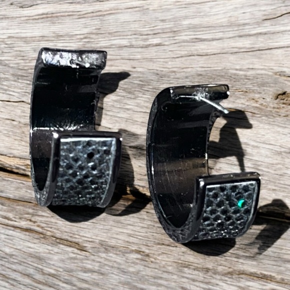 Gunmetal Black Silver Tone Hoop Earrings - Picture 2 of 3